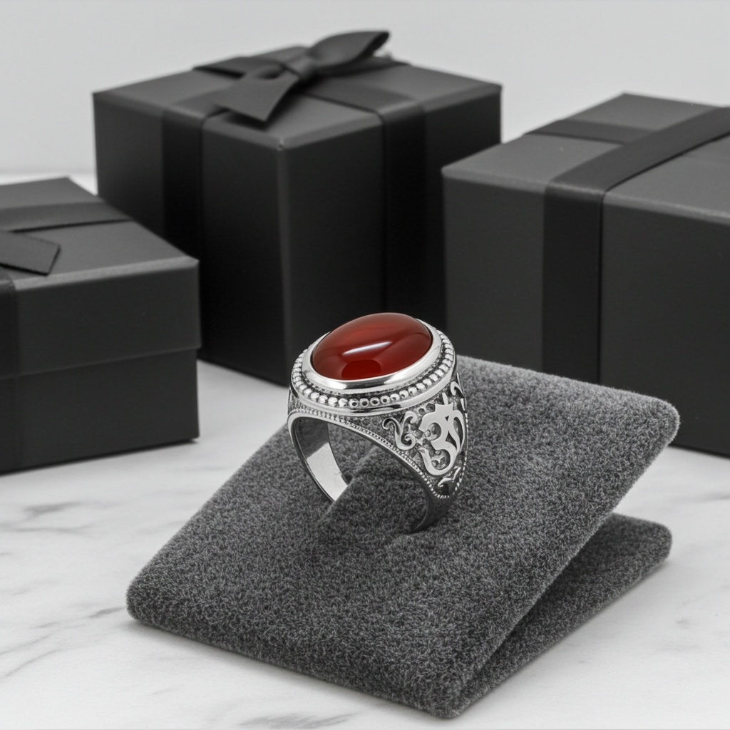 Sterling Silver Om (Aum) Red Onyx Gemstone Statement Ring Karma Blingz