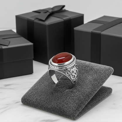 Sterling Silver Om (Aum) Red Onyx Gemstone Statement Ring Karma Blingz
