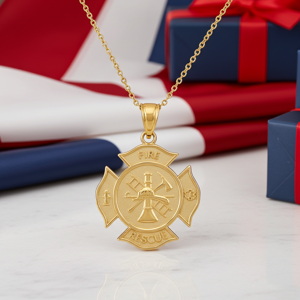 Gold Firefighter Fire Rescue Maltese Cross Pendant Necklace (14K, 10K, yellow, white, rose gold)