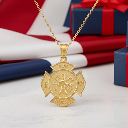 Gold Firefighter Fire Rescue Maltese Cross Pendant Necklace (14K, 10K, yellow, white, rose gold)