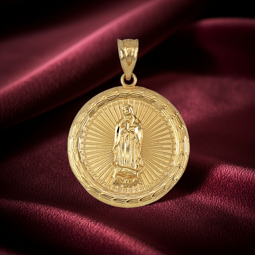 Gold Virgin Mary Guadalupe Medallion Pendant Necklace in 10K or 14K, Yellow, White, Rose, 2-Tone