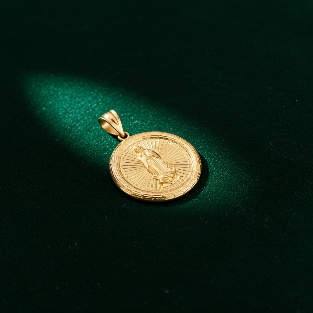 Gold Virgin Mary Guadalupe Medallion Pendant Necklace in 10K or 14K, Yellow, White, Rose, 2-Tone