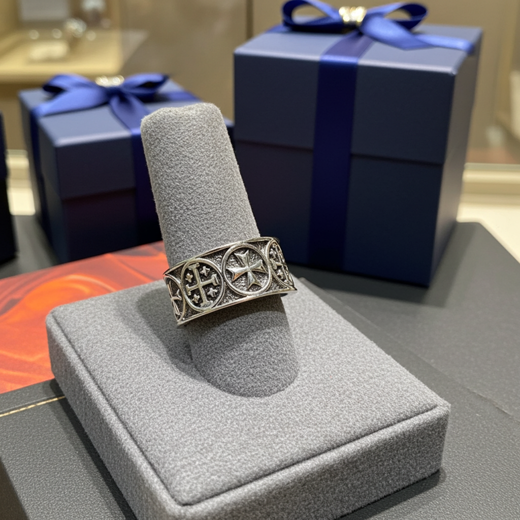 Solid Sterling Silver Jerusalem Maltese Cross Mens Ring Band