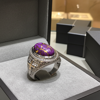 Sterling Silver Christian Cross Purple Copper Turquoise Ring