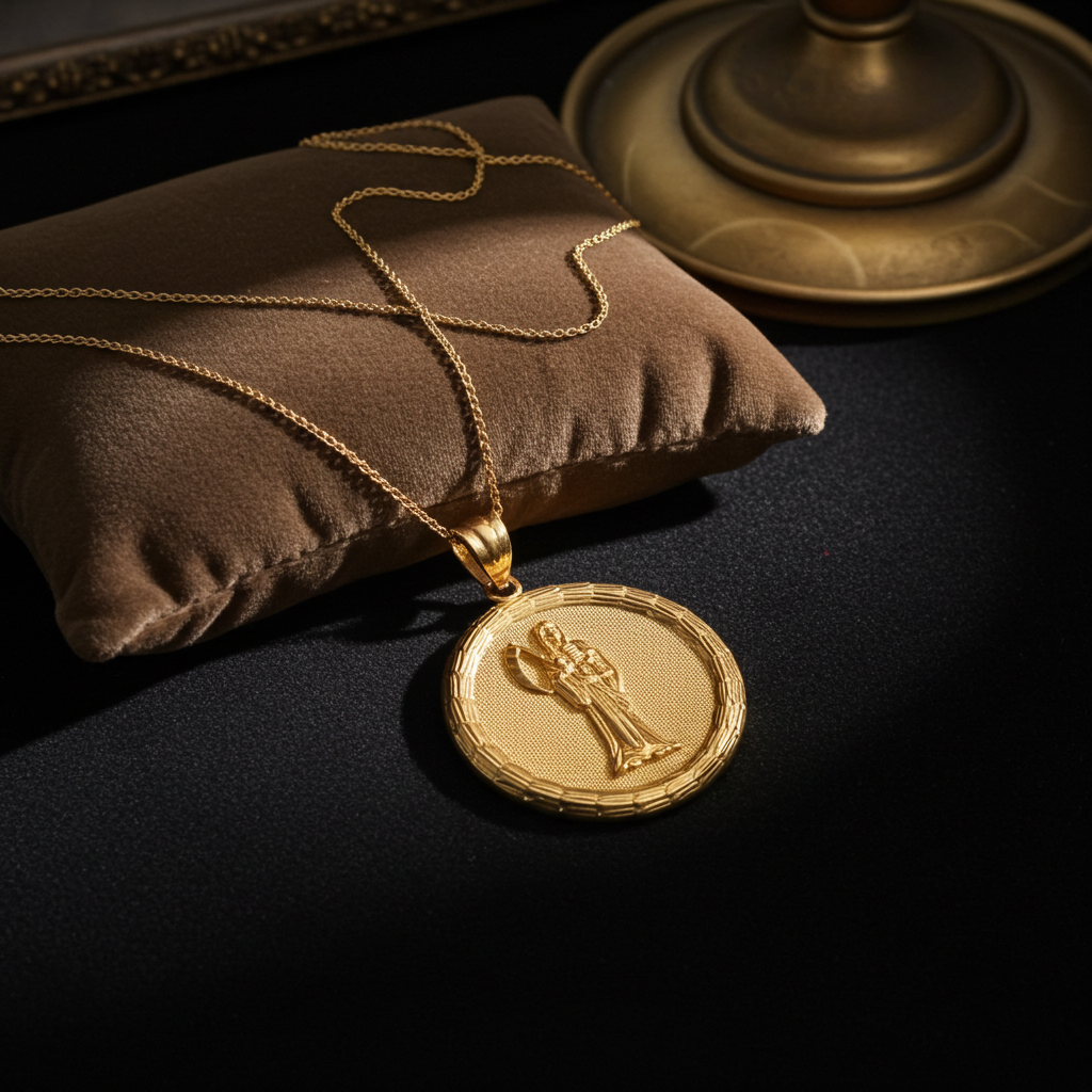 Gold Santa Muerte Medallion Pendant Necklace in 10K or 14K, Yellow, White, Rose, 2-Tone