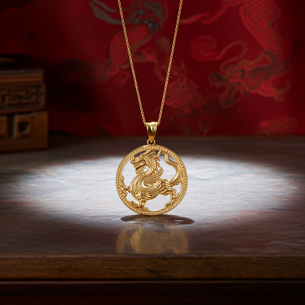 Gold Chinese Dragon Open Round Medallion Pendant Necklace (yellow, white, rose gold, 10k, 14k)