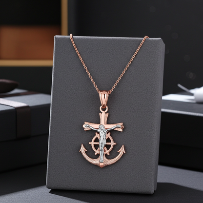Gold Mariner Anchor Crucifix Cross Pendant Necklace (yellow, white, rose gold, 10k, 14k)