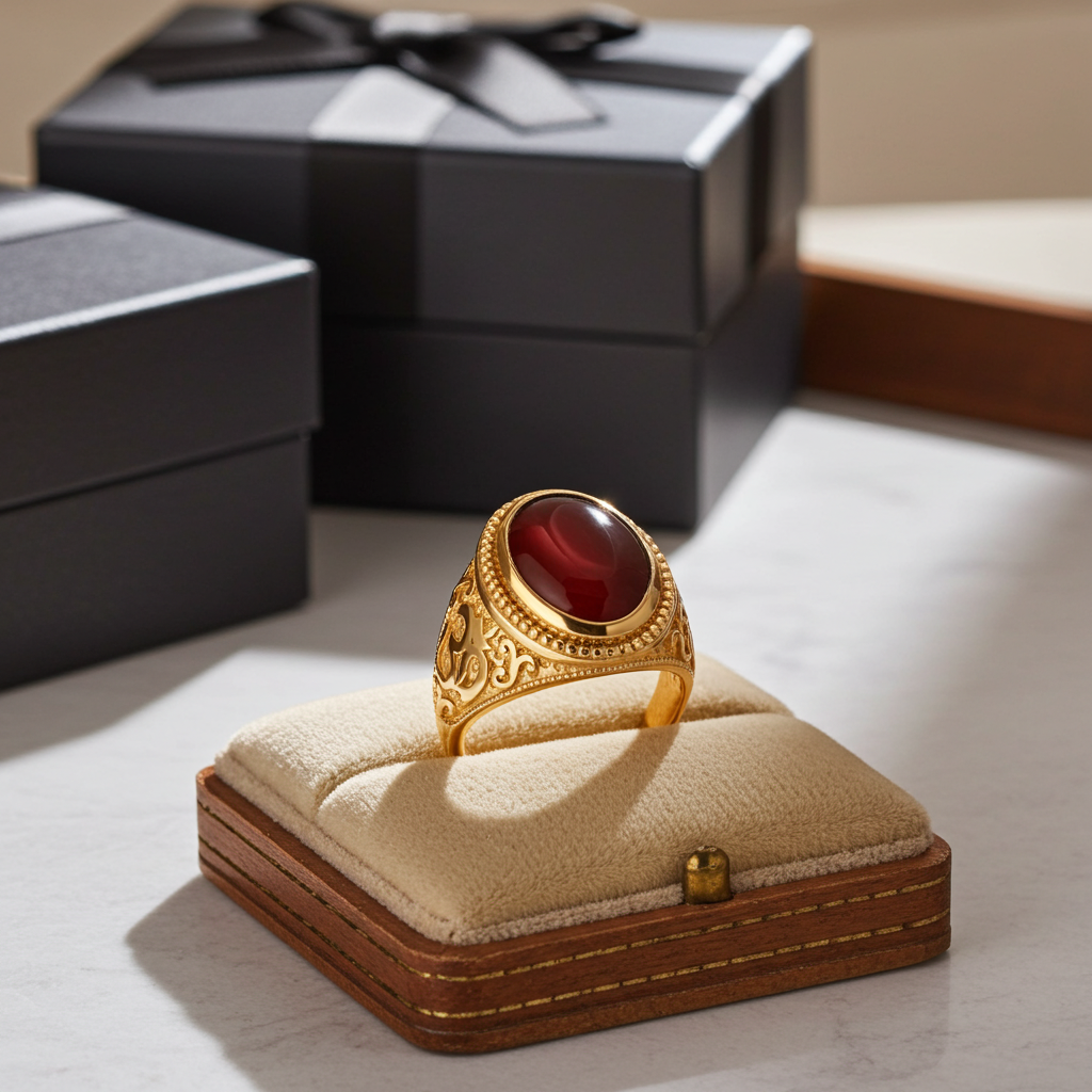 Gold Om Oval Cabochon Red Onyx Yoga Ring Karma Blingz