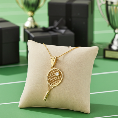 Yellow Gold Tennis Racket Pendant Diamond Charm Necklace for Women