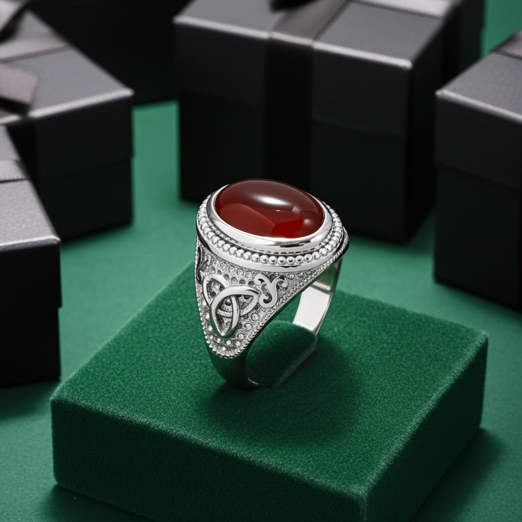 Sterling Silver Celtic Trinity Band Red Onyx Gemstone Ring