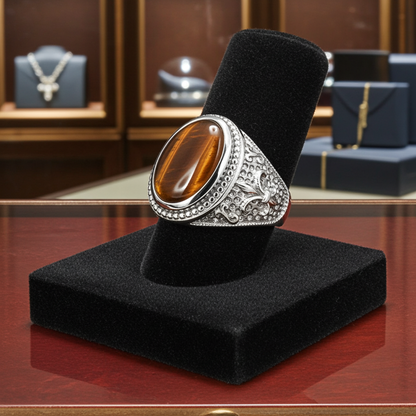 Sterling Silver Fleur De Lis Tiger Eye Gemstone Statement Ring