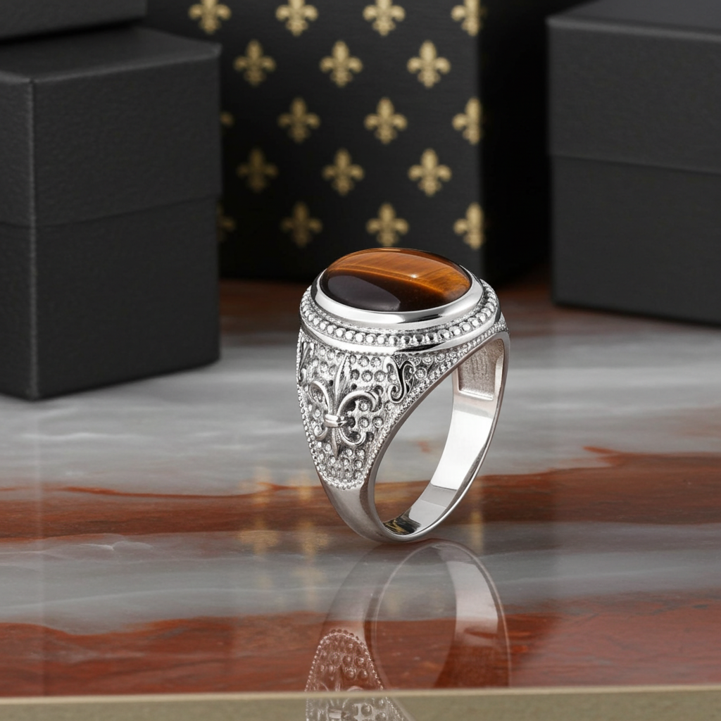 Sterling Silver Fleur De Lis Tiger Eye Gemstone Statement Ring