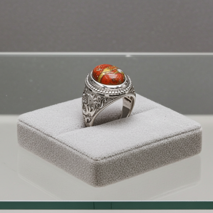 Sterling Silver Om (aum) Orange Copper Turquoise Gemstone Ring Karma Blingz
