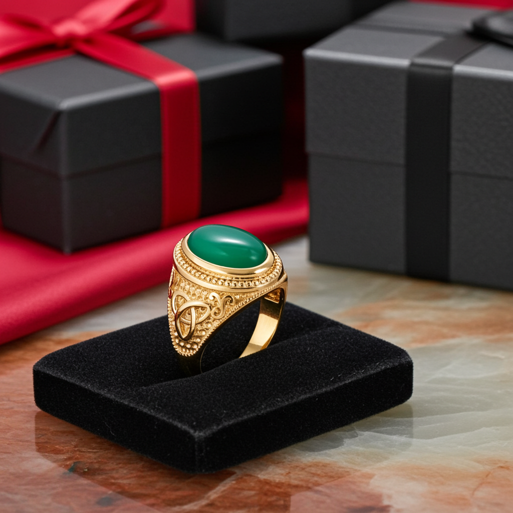 Gold Celtic Trinity Green Onyx Gemstone Ring
