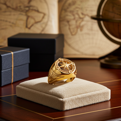 Men's Gold Compass Rose North Star Open Signet Statement Ring (yellow, white, rose, 10k / 14k)
