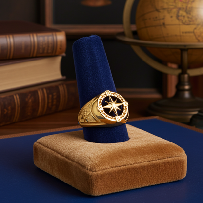Men's Gold Compass Rose North Star Open Signet Statement Ring (yellow, white, rose, 10k / 14k)