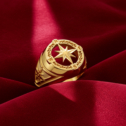 Men's Gold Compass Rose North Star Open Signet Statement Ring (yellow, white, rose, 10k / 14k)
