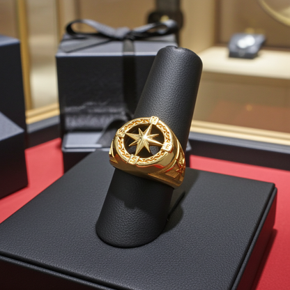 Men's Gold Compass Rose North Star Open Signet Statement Ring (yellow, white, rose, 10k / 14k)