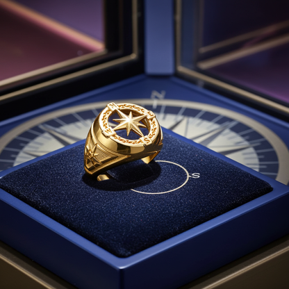 Men's Gold Compass Rose North Star Open Signet Statement Ring (yellow, white, rose, 10k / 14k)