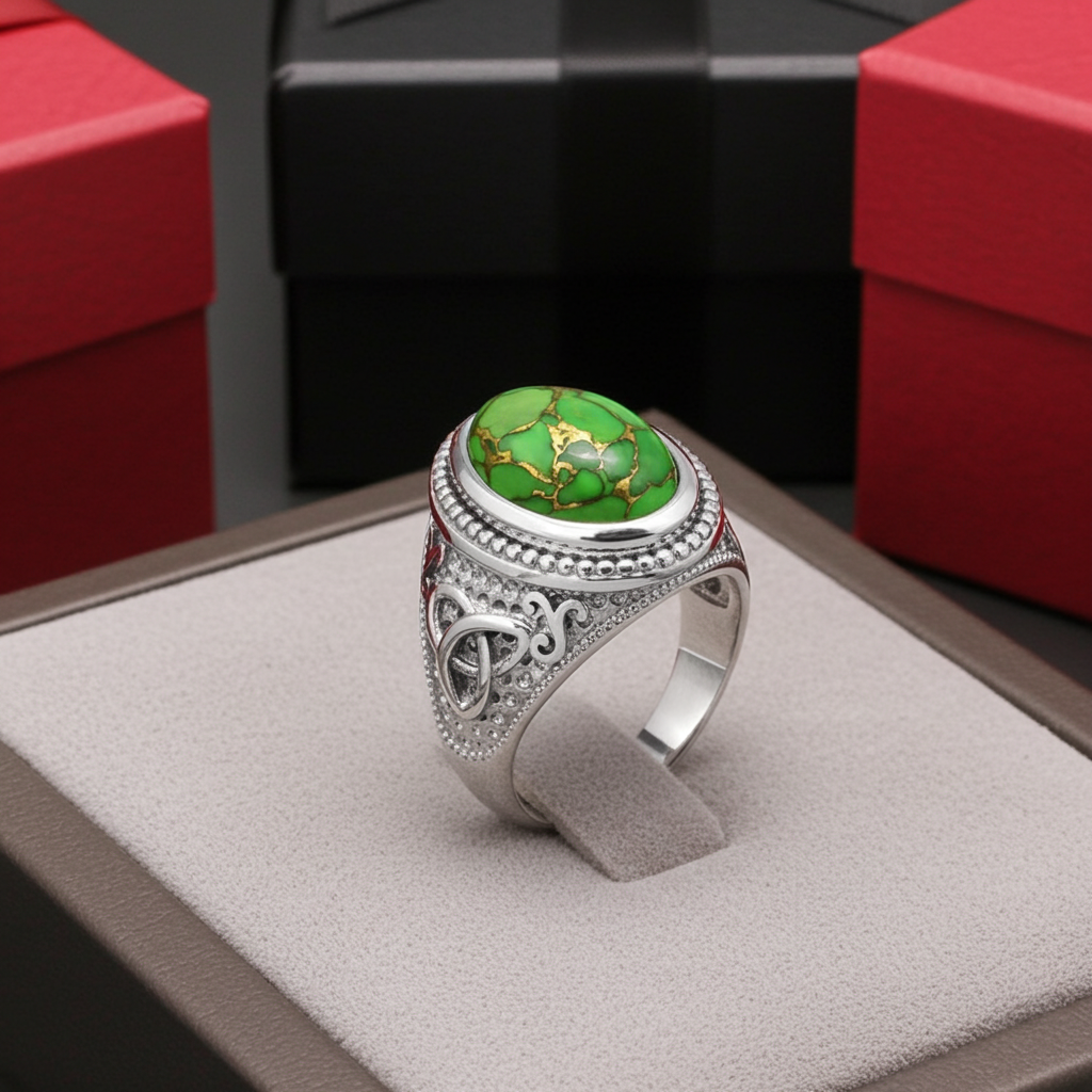 Sterling Silver Celtic Triquetra Green Copper Turquoise Ring