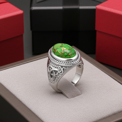 Sterling Silver Celtic Triquetra Green Copper Turquoise Ring