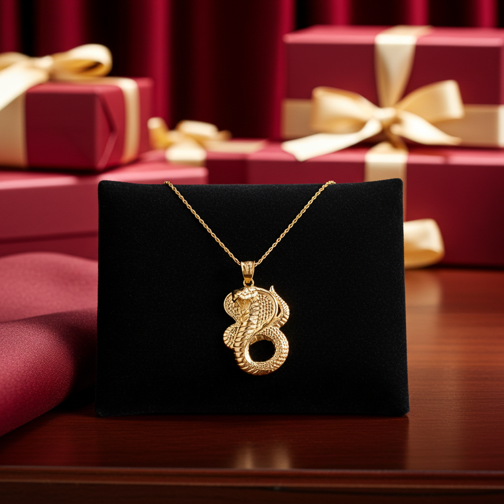 Gold King Cobra Snake Pendant Necklace (yellow, white, rose gold, 10k, 14k)