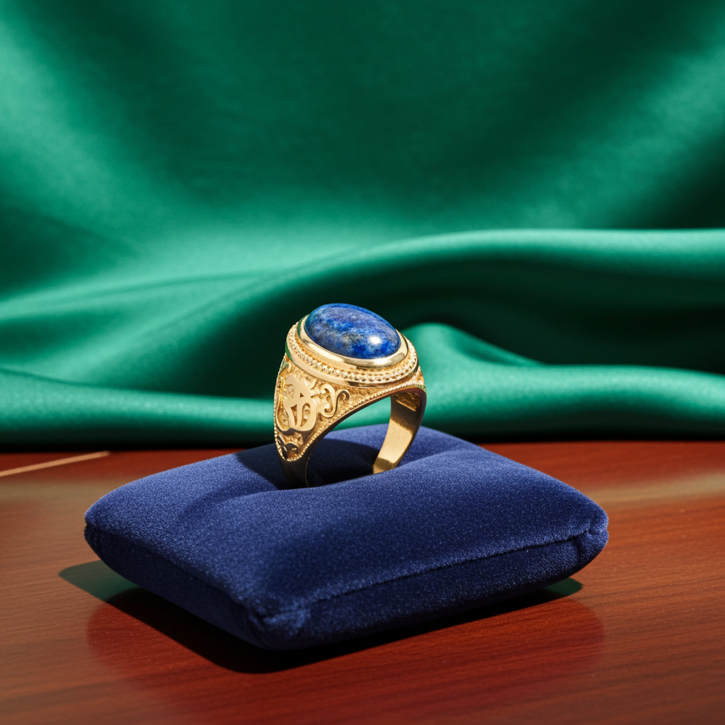 Yellow Gold Om (Aum) Oval Lapis Lazuli Yoga Ring