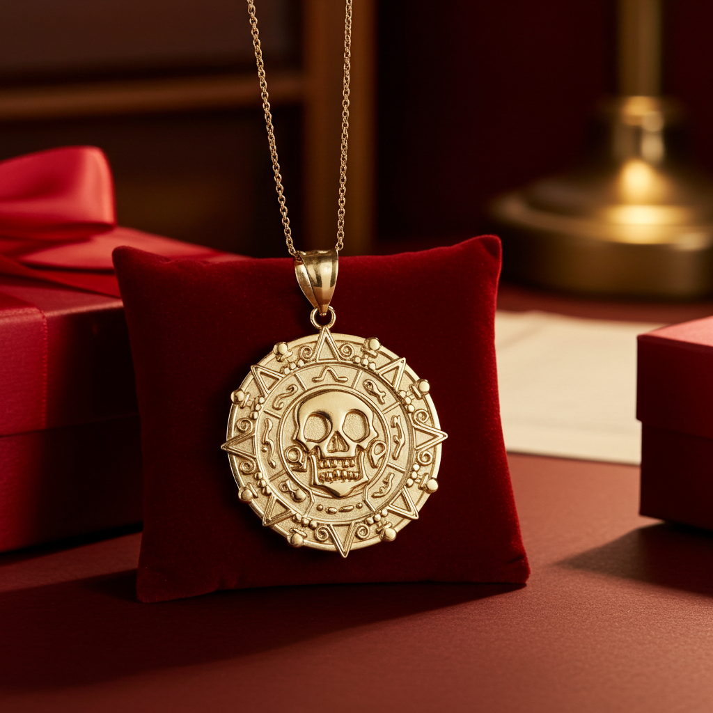 Gold Aztec Coin Pirates of The Caribbean Skull Medallion Pendant Necklace (yellow, white, rose)