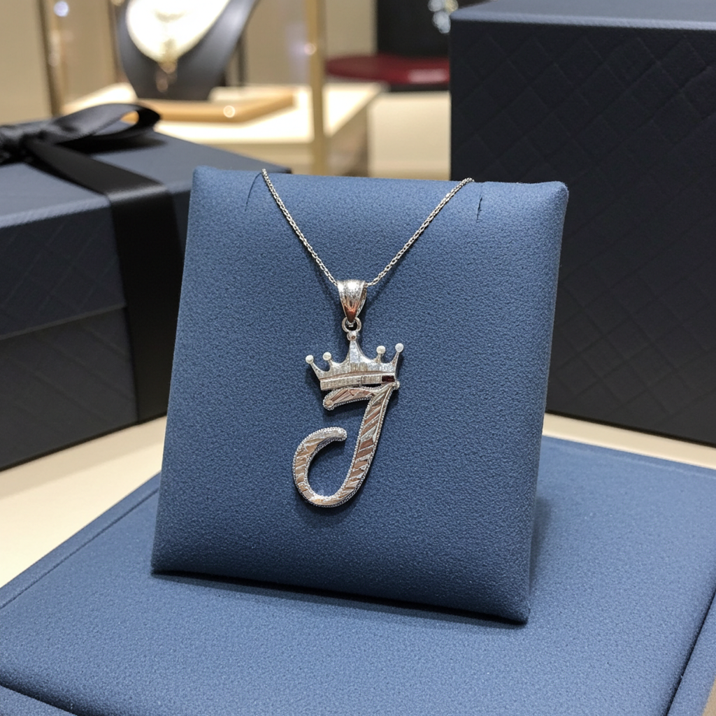 Sterling Silver Cursive Letter Initial Diamond-Cut Crown Pendant Necklace Karma Blingz