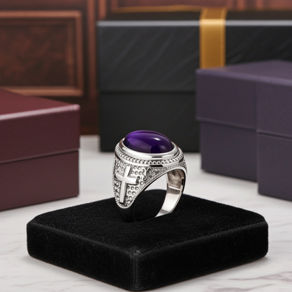 Sterling Silver Christian Cross Amethyst February Birthstone Ring
