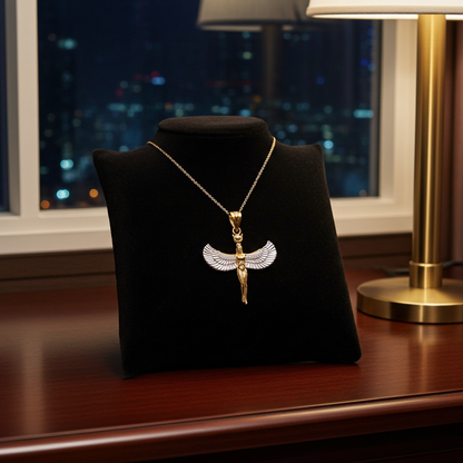 Egyptian Isis Standing Winged Goddess Gold Pendant Necklace