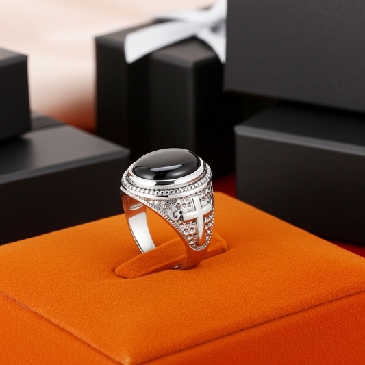 Sterling Silver Christian Cross Black Onyx Gemstone Ring