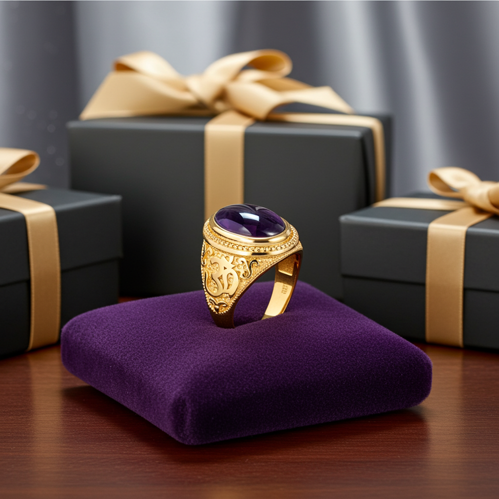 Gold Om (Aum) Mantra Oval Amethyst Cabochon Yoga Ring