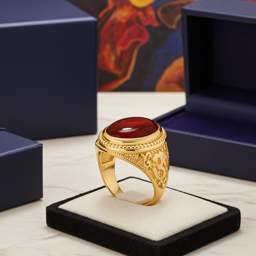 Gold Om Oval Cabochon Red Onyx Yoga Ring Karma Blingz