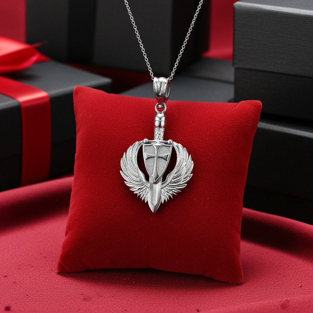 Sterling Silver Crusader Winged Sword and Shield Pendant Necklace