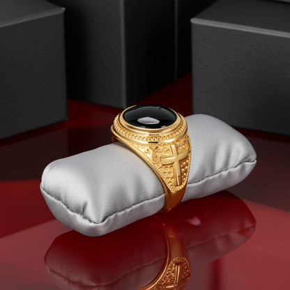 Gold Black Onyx Christian Cross Gemstone Ring