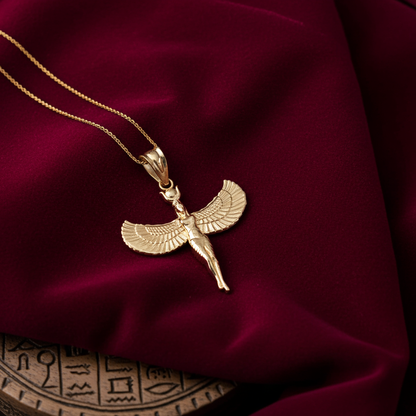 Egyptian Isis Standing Winged Goddess Gold Pendant Necklace