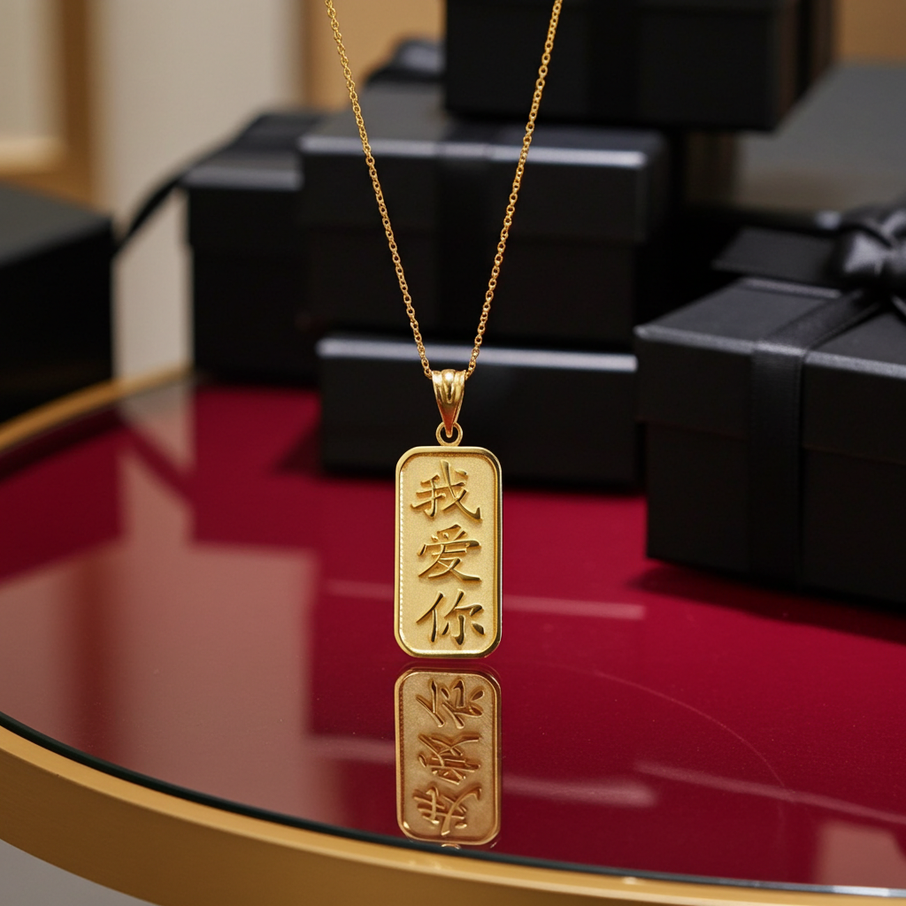 Gold Chinese "I Love You" Symbol Pendant Necklace (10K, 14K, yellow, white, rose gold)