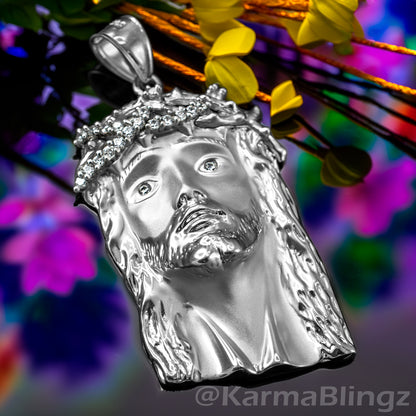 Sterling Silver Jesus Face Mens Large CZ Pendant