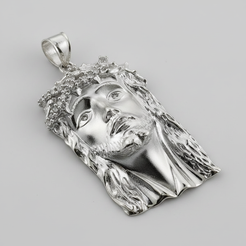 Sterling Silver Jesus Face Mens Large CZ Pendant