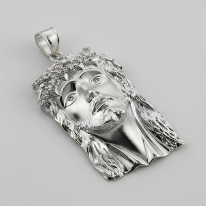 Sterling Silver Jesus Face Mens Large CZ Pendant