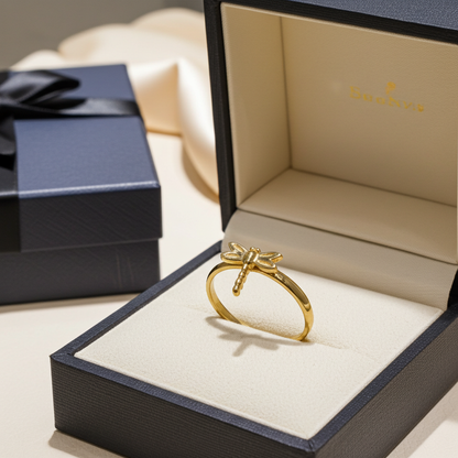 Gold Tiny Dragonfly Dainty Ring Minimalist Band 10K 14K Yellow, White, Rose