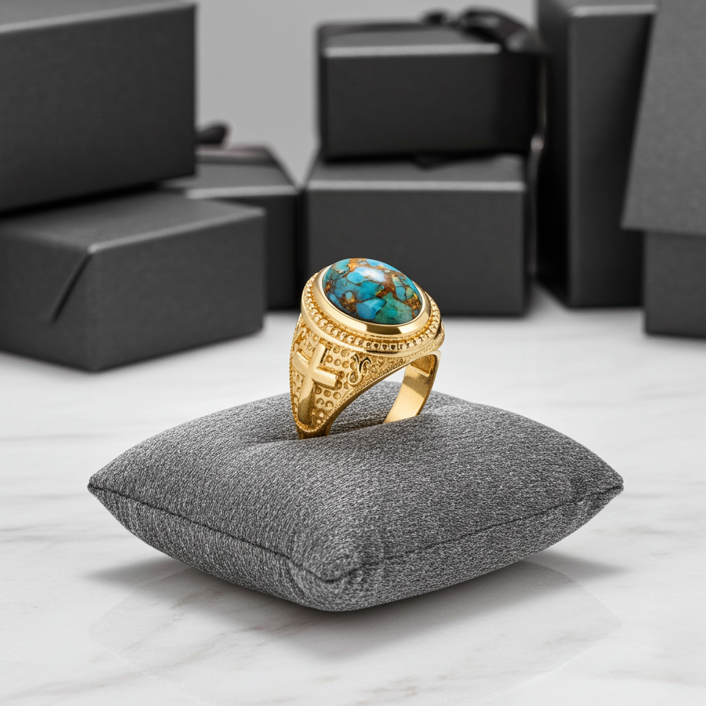 Solid Gold Christian Cross Blue Copper Turquoise Ring Oval Cabochon Gemstone