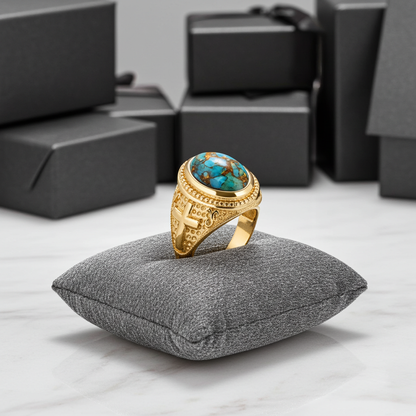 Solid Gold Christian Cross Blue Copper Turquoise Ring Oval Cabochon Gemstone