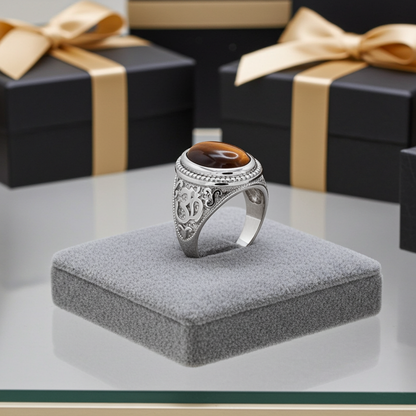 Sterling Silver Om Oval Tiger Eye Cabochon Yoga Ring Karma Blingz