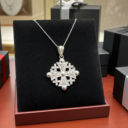 Sterling Silver Jerusalem Cross CZ Pendant Necklace
