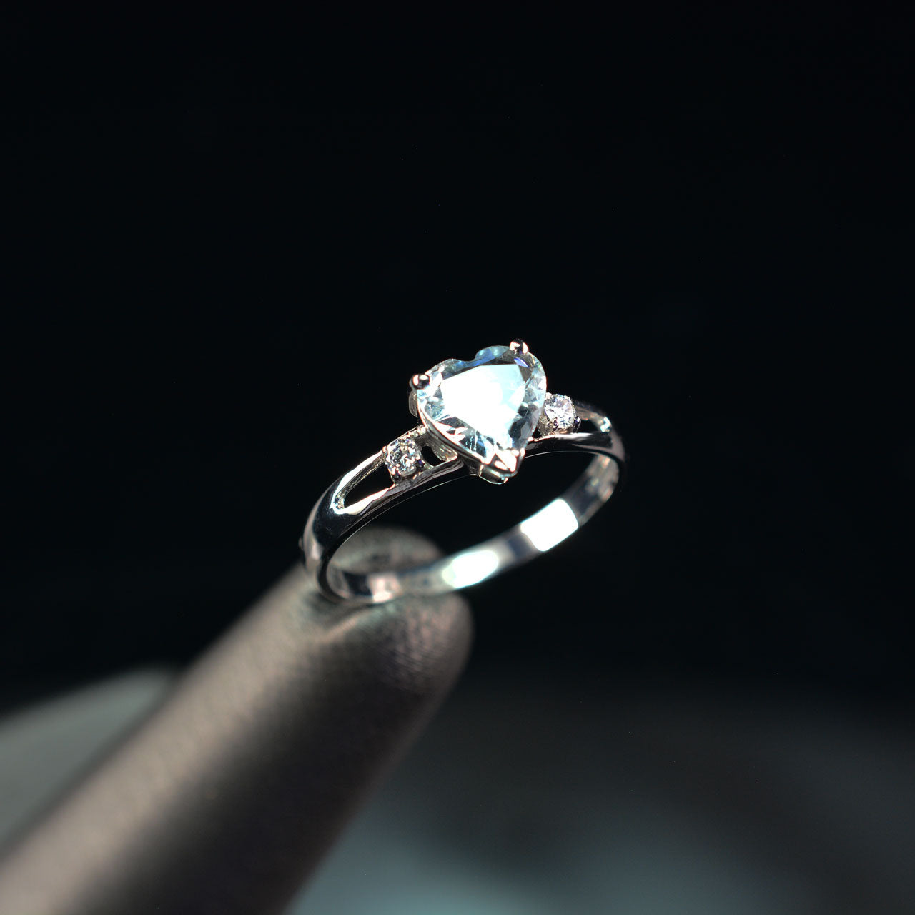 White Gold Aqua CZ Heart March Birthstone Proposal Promise Ring