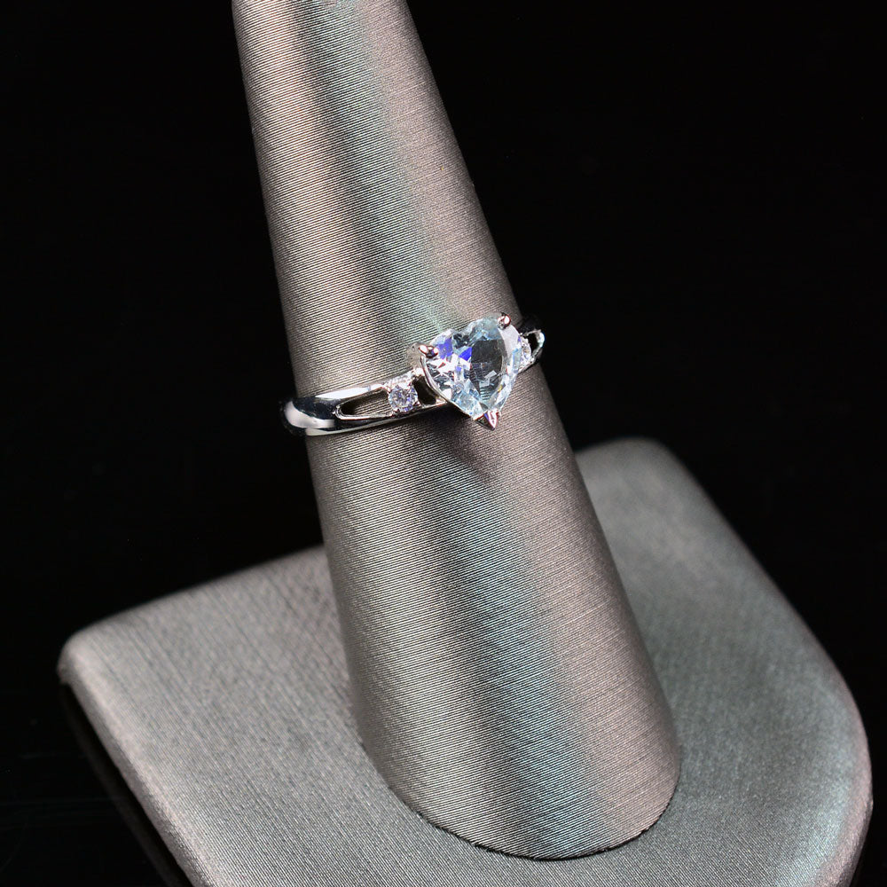 White Gold Aqua CZ Heart March Birthstone Proposal Promise Ring