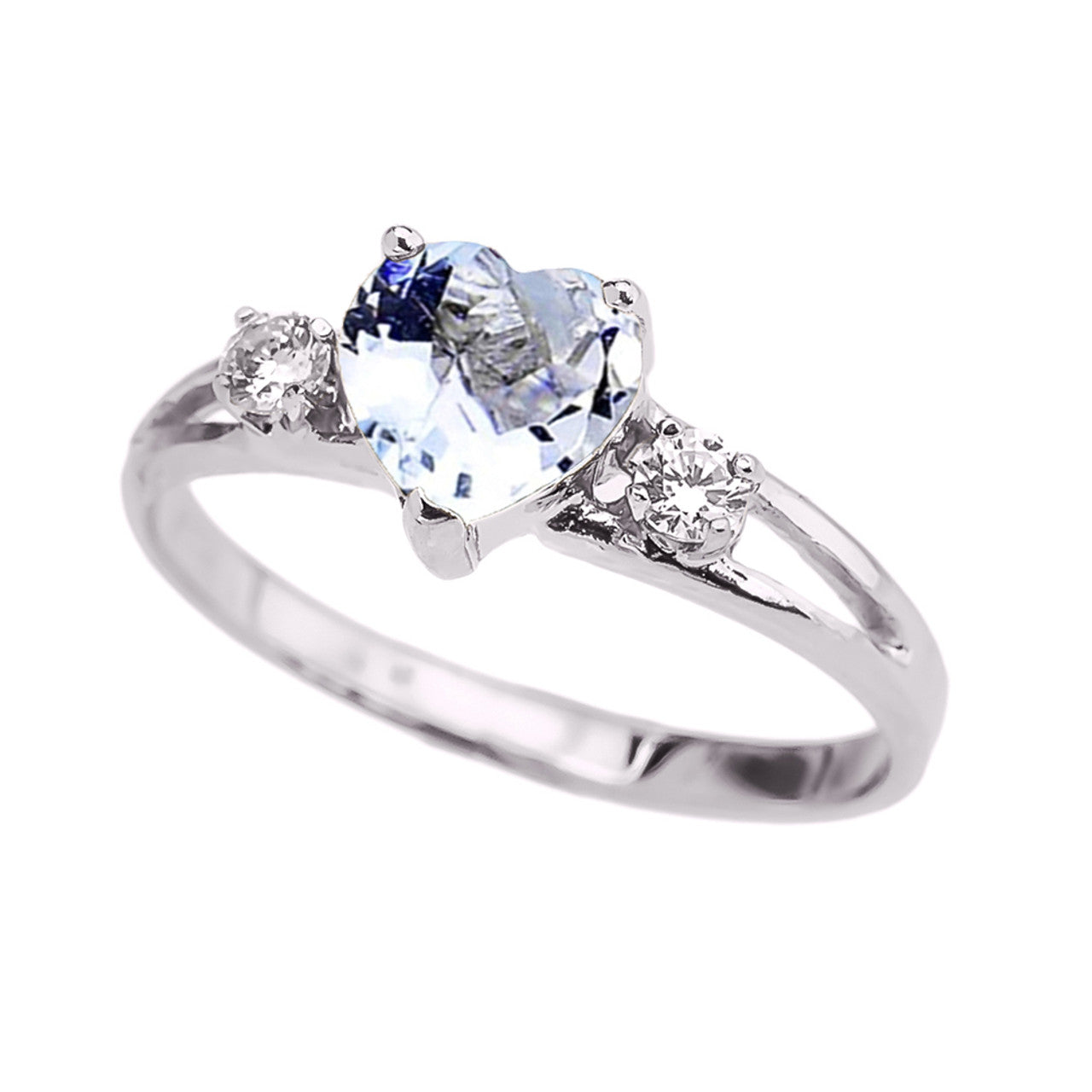 White Gold Aqua CZ Heart March Birthstone Proposal Promise Ring