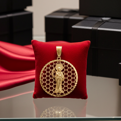 Gold Santa Muerte Round Honeycomb DC Pendant (yellow, white, rose, 2-tone, 10k, 14k)